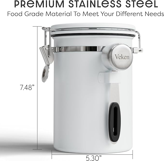 Veken Coffee Canister with Window, Airtight Stainless Steel Container, 22OZ | Kitchen Food Storage Organizers for Beans, Ground, Espresso, Rice,Tea, Sugar,Cereal, Gifts,Lids,Jars,Scoop,White