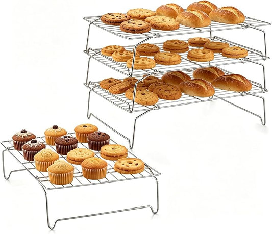LIANYU Cooling Rack 15"x10", 4-Tier Stackable & Collapsible Stainless Steel Baking Wire Racks for Cooking, Baking, Roasting, Drying, Oven & Dishwasher Safe, Silver