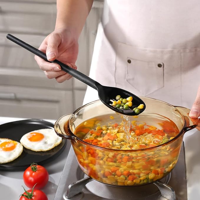 Silicone Cooking Solid and Slotted Spoon Set, High Heat Resistant Stiff Mixing Spoon, Extra Long Large Kitchen Utensil for Stirring, Mixing and Serving, 13.6 Inches