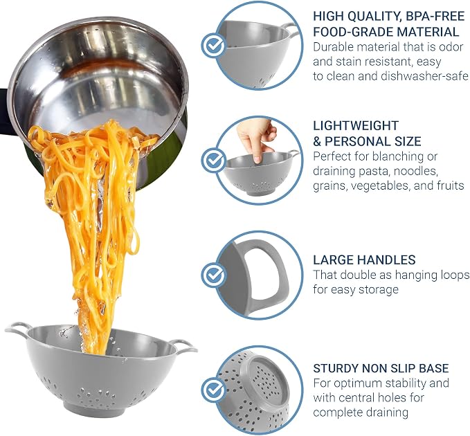 Meadow Lane 6-inch Small Colander, BPA-Free, Dishwasher Safe, Double Handles, Compact Food Strainer for Berries, Veggies and Pasta, 3-Cup Capacity, Silver Gray