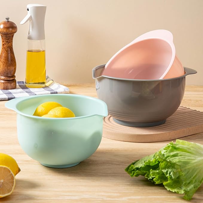 Set of 3 Mixing Bowls with Pour Spout-Nesting Design Saves Space - Non-Slip, BPA Free, Dishwasher Safe Plastic - Kitchen Cooking and Baking Supplies (Green Pink Grey)