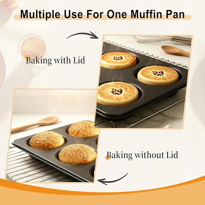 6 Cup Straight Side Jumbo English Muffin Cupcake Pan with Lid, Nonstick Hamburger Burger Bun Mold Muffin Pan for Baking Egg Sandwich Frittata Cinnamon Roll Focaccia Quiche Pancake