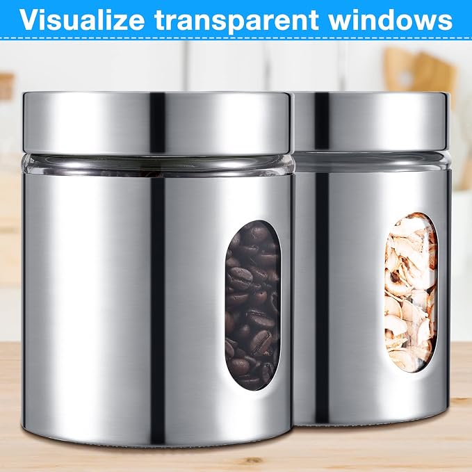 6 Pack Kitchen Canisters Set Airtight Coffee Sugar Tea Candy Storage Jars with Window Glass Stainless Steel Containers with Lids for Flour Cookies Spices Grains Kitchen Decorations(20 oz)