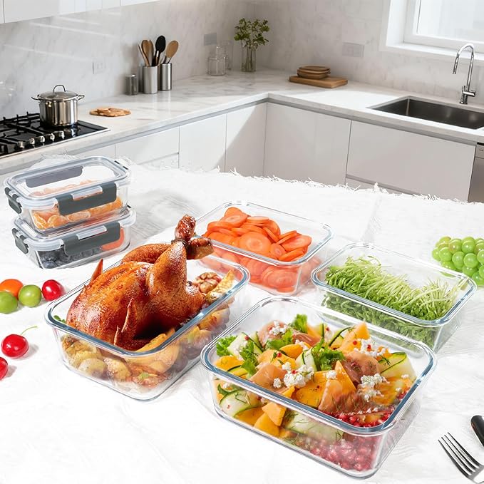 M MCIRCO 6 Pack Extra Large Glass Food Storage Containers with Lids | 67.4oz(8.3 cup), 33.8oz(4.2 cup)& 18.6oz(2.1 cup) Storage Containers, Microwave, Oven, Freezer, Dishwasher Friendly, BPA Free