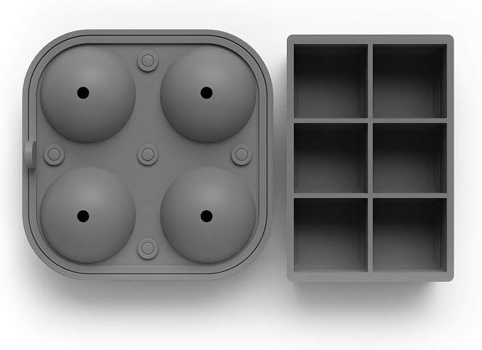 Ball Ice Cube Tray and Big Ice Cube Molds for Whiskey, Slow-Melting, 100% Silicone, No-Plastic, Easy Release, Ideal for Gifting and Elevating Cocktails (Charcoal, 4 Spheres & 6 Cubes)