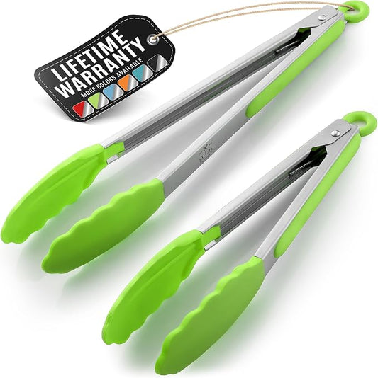 Zulay Stainless Steel Kitchen Tongs with Silicone Tips - Set of 2 (9” & 12”) Locking Cooking Tongs with Non-Slip Grip - Heat Resistant, BBQ Food Tongs for Non-Stick Cooking Pans (Silver/Light Green)