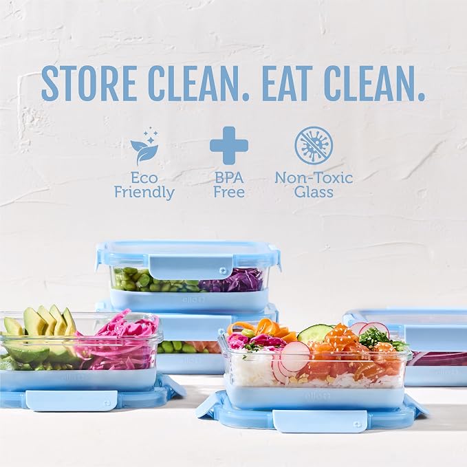 Ello Duraglass Refresh 3.4 Cup Meal Prep Containers, 10 Pc, Halogen Blue | Glass meal prep container set with silicone boots, airtight leakproof BPA-free lids, microwave, freezer & dishwasher safe