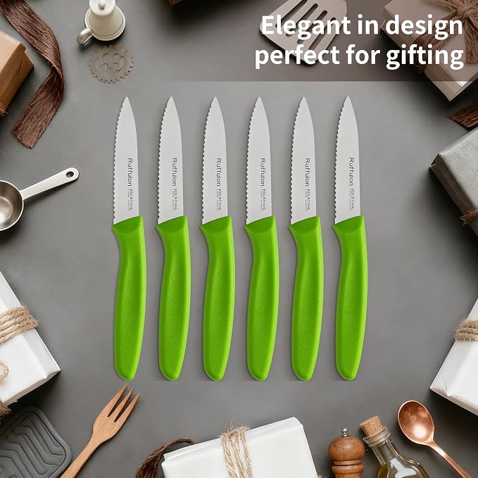 Stainless Steel Paring Knife With Serrated Blade, 6 Pieces Set Vegetable and Fruit Knife, Ultra Sharp Small Kitchen Knife,Green Paring Knives with PP Plastic Ergonomic Handle.
