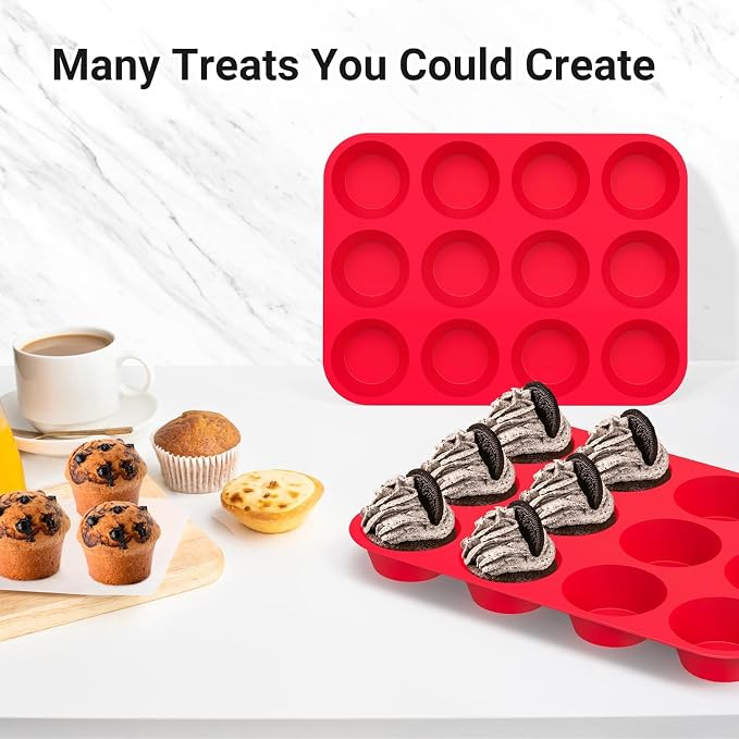 Redfly 3 Pack Silicone Muffin Pans for Baking & Cupcake Pan - 12 Cup Regular Size Silicone Molds, BPA Free Egg Bites Mold