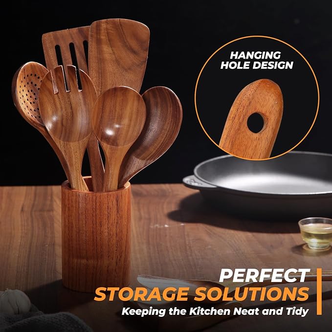 AIUHI Teak Wood Cooking Utensils Set, 9 Pieces Non-Toxic Wooden Spoons, Spatulas, Salad Fork, Strainer Spoon, Spoon Rest, BPA-Free, Safe for Non-Stick Cookware, Durable & Easy to Clean