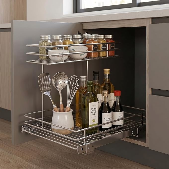 Hicarer 2 Tier Pull out Metal Under Sink Cabinet Organizer 12.6"W x 16.54"D | Metal Sliding Drawer Shelf Storage Rack Organization for Kitchen Cabinets, Pantry, Laundry, Bathroom, Chrome Finish