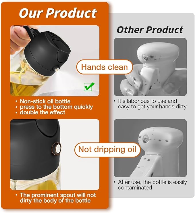 Oil Sprayer for Cooking 2 in 1, 470ml/16oz, Oil Spray & Dispenser Glass Bottle, Food-grade material for Kitchen, Salad Dressing, Frying, Air Fryer & BBQ (Black)