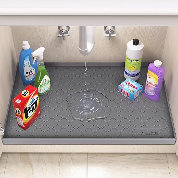 Jin&Bao Under Sink Mat 31" x 19" Waterproof Silicone Cabinet Kitchen Liner | Silicone kitchen cabinet protector, bathroom shelf liner, raised edge traps leaks, anti-slip, easy to clean & dishwasher safe