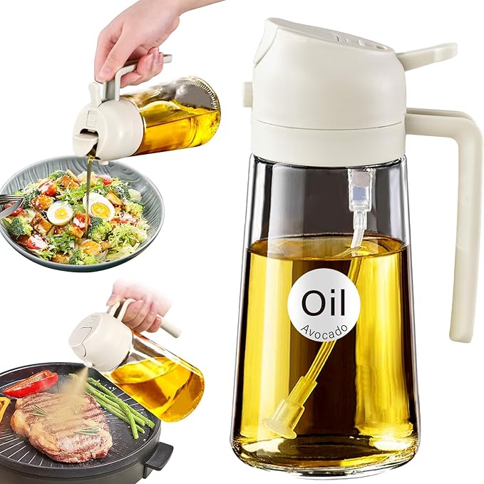 YARRAMATE 16 oz 2-in-1 Glass Olive Oil Sprayer for Cooking, Creamy White | Food-grade dispenser bottle, 470 ml, spray and pour, portion control, stickers included, for salad, frying and BBQ