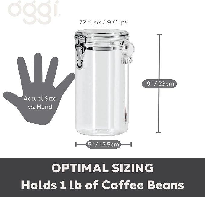 Oggi Clear Canister Airtight 72oz - Clamp Lid & Spoon - Airtight Food Storage Container, for Kitchen & Pantry Storage of Bulk, Dry Foods, Pasta, Flour, Sugar, Coffee, Rice, Tea, Spices & Herbs
