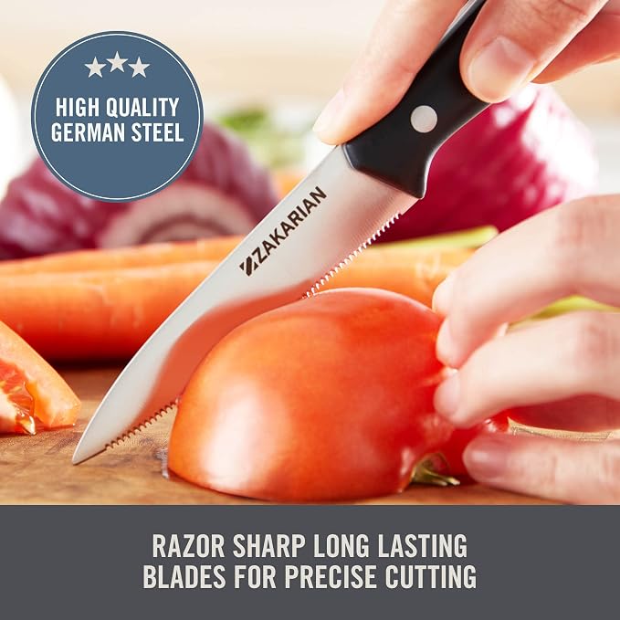 Zakarian by Dash 2 Piece Chef Grade German Steel Paring Knife Set with Smooth and Serrated Blades for Chopping, Dicing, Mincing, Slicing and More – Black