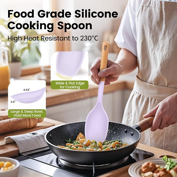 Large Silicone Cooking Spoons Set, 2 Pcs Heat Resistant Serving Spoon, Multifunction Nonstick Spatula Spoon for Mixing, Stiring, Basting, Scooping,Scraping (Lilac Dream)
