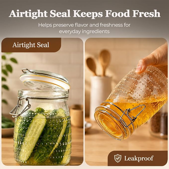 ComSaf Glass Pantry Jars with Airtight Lids 34 oz 6 Pack Wide Mouth Hobnail | Coffee beans sugar, Snacks pasta, Pickling fermenting, Pantry organization, Clear body, Countertop storage, Dry goods