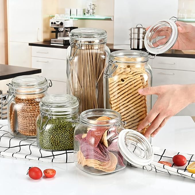 32oz Glass Food Storage Jars with Airtight Clamp Lids,Set of 4 Airtight Glass Canister Square- Clear Storage Container for Kitchen Container Storing Sugar, Flour, Cereal,Coffee,Spice…