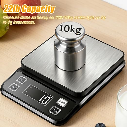 Waterproof Kitchen Scale, 10kg/22lb Food Scale Precisely Measures Grams and Ounces for Baking and Cooking, Stainless Stee Digital Scale with LCD Display for Food