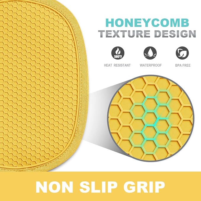 RORECAY 2-Pack Silicone Pot Holders for Kitchen, Hotpad with Pocket, Yellow | Heat Resistant up to 500°F, Quilted Cotton Potholders, Non-Slip & Waterproof Trivets for Hot Pots, Pans, and Countertops