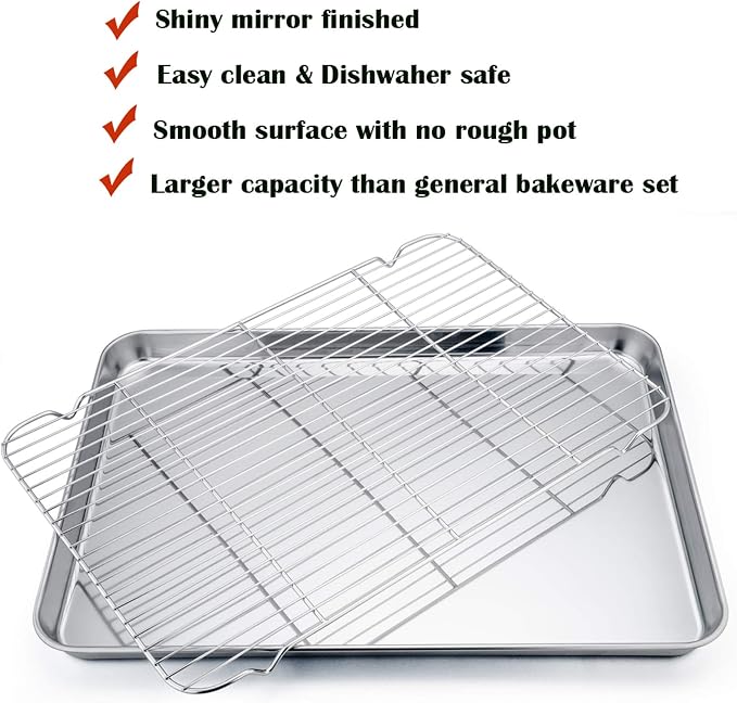 P&P CHEF 19.6 Inch Baking Sheet with Rack Set, Pans with Flat Racks | 2 Baking Sheets + 2 Cooling Wire Racks, Dishwasher & Oven Safe, Non-toxic & Lasting Use, Fit for Regular Oven
