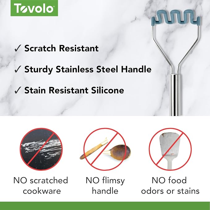 Tovolo Silicone Potato Masher Stainless Steel Handle Pink Sorbet Dishwasher Safe Heat Resistant Non Scratch Handheld Coil Wire Potato Smasher for Nonstick Pans Ergonomic Kitchen Food Prep Tool
