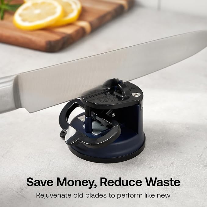 AnySharp – Editions – Hands Free Knife Sharpener - Easy to Use Sharpening Tool with PowerGrip Suction Base and 20-Degree Pre-Set Angle - for All Knives: Chef's, Serrated, and Hardened Steel - Navy
