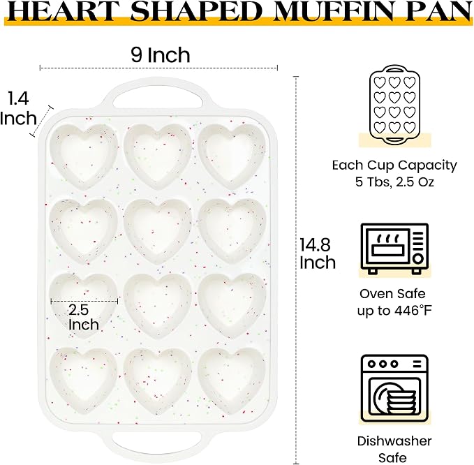 Heart Shaped Muffin Pan, 12 Cup, 2.5 Inch, Cream | 2 Pcs, Metal Reinforced Frame, Nonstick Silicone, Heart Cake Mold for Baking, Cupcake Tray