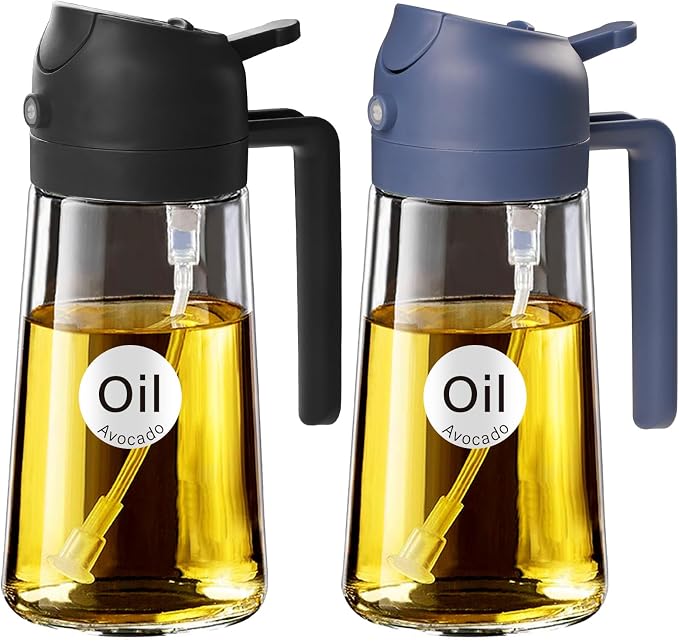 YARRAMATE 16 oz 2-in-1 Glass Olive Oil Sprayer for Cooking, Black&Navy | Food-grade dispenser bottle, 470 ml, spray and pour, portion control, stickers included, for salad, frying and BBQ