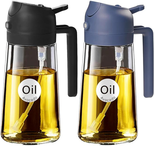 YARRAMATE 16 oz 2-in-1 Glass Olive Oil Sprayer for Cooking, Black&Navy | Food-grade dispenser bottle, 470 ml, spray and pour, portion control, stickers included, for salad, frying and BBQ