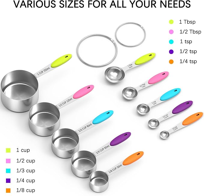 Nesting Measuring Cups and Spoons Set, Stainless Steel with Soft Silicone Handle – Heavy Duty & Dishwasher Safe for Measuring Dry/Liquid Ingredients, Ideal for Cooking & Baking (10)