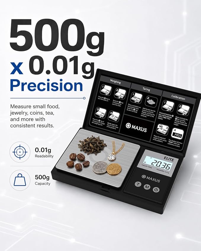 Digital Pocket Gram Scale 500g x 0.01g High Precision with Tray | Weighs Small Food, Jewelry, Ounces, Grains, LCD Display, Tare Function