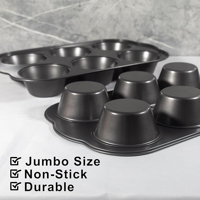 Non-Stick Jumbo 3.5" 6-Cup Muffin Pans, Set of 2(Black) | Carbon Steel, Long Handle for Large Muffin & Cupcakes