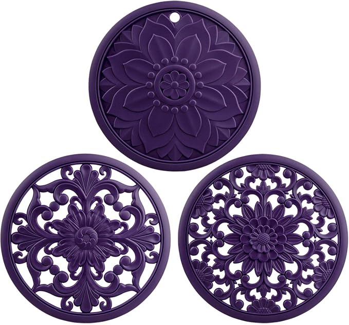 Silicone Trivets for Hot Pots and Pans, Non Stick Hot Pad Pot Holders for Kitchen, Multi-use Heat Resistant Mat for Table and Countertop, Round Silicone Trivet Mat for Dish Set of 3 Purple