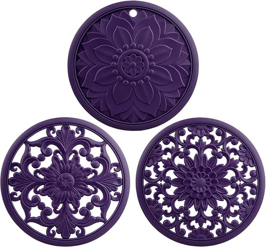 Silicone Trivets for Hot Pots and Pans, Non Stick Hot Pad Pot Holders for Kitchen, Multi-use Heat Resistant Mat for Table and Countertop, Round Silicone Trivet Mat for Dish Set of 3 Purple