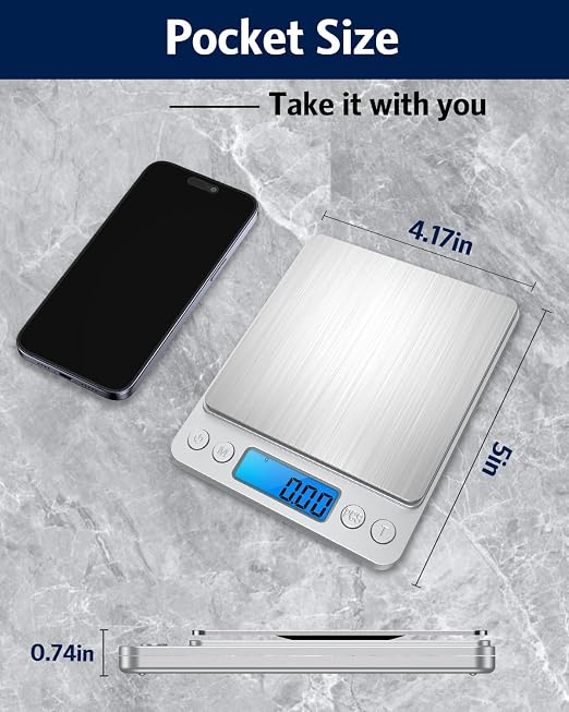 Digital Food Scale 500g/0.01g Gram Scale, Upgraded Mini Pocket Scale with 6 Units, 2 Trays, Auto Off, Tare, PCS for Food, Jewelry, Coin, Coffee (2 AAA Batteries Included)