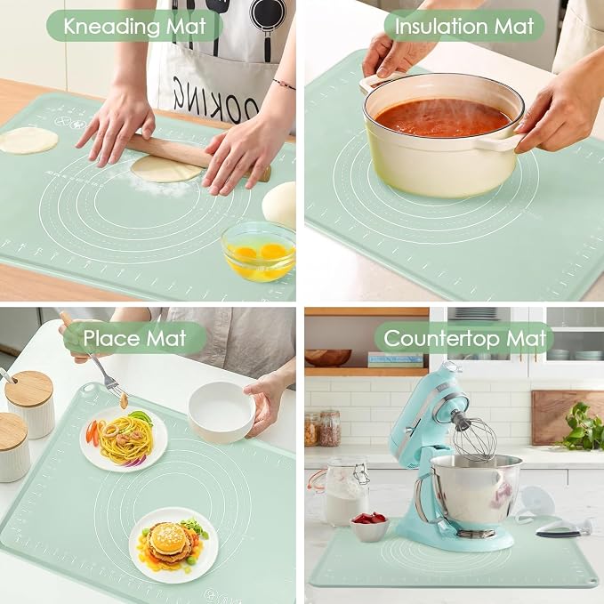 Silicone Pastry Mat, Non Slip Dough Mat with Measurements and Raised Edges, Food Grade Silicone Countertop Baking Mat for Rolling Dough, Kneading Bread, Cookies, Pizza, Pie Crust
