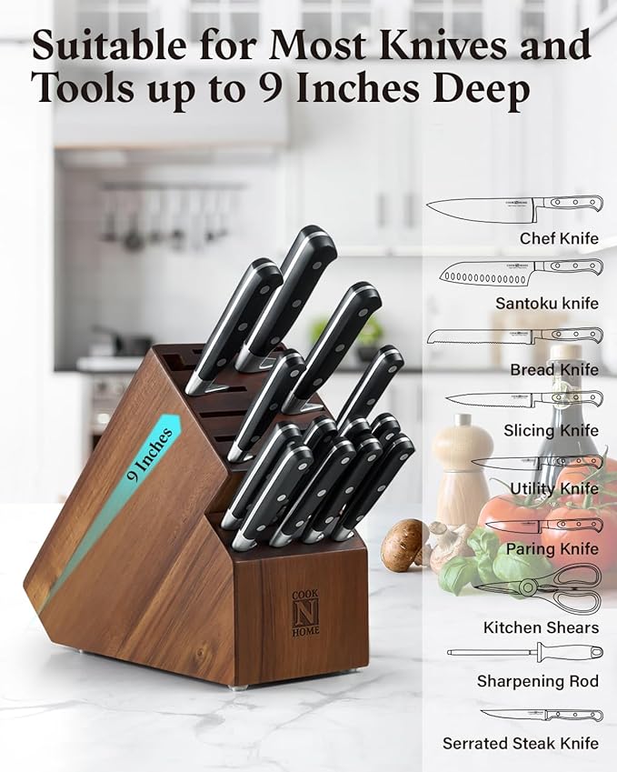 Cook N Home Basics, Acacia Wood Cutlery Storage Block without Knives, Universal Knife Holder Countertop Butcher Block Knife Stand for Easy Kitchen Storage, 20-Slot