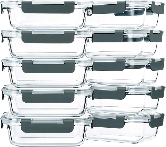 M MCIRCO 10 Pack,22 oz Glass Food Storage Containers with lids, Gray | Glass Meal Prep Containers,Airtight Lunch Containers with Lids, Microwave, Oven, Freezer and Dishwasher Friendly, BPA Free