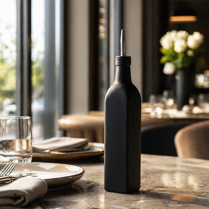Restaurantware-Chef 101 16.9 Ounce Olive Oil Dispenser, 1 Kitchen Oil Dispenser Bottle - With Stainless Steel Pourer, Non-Leaking, Black Glass Pourer, For Cooking Or Salad Dressings