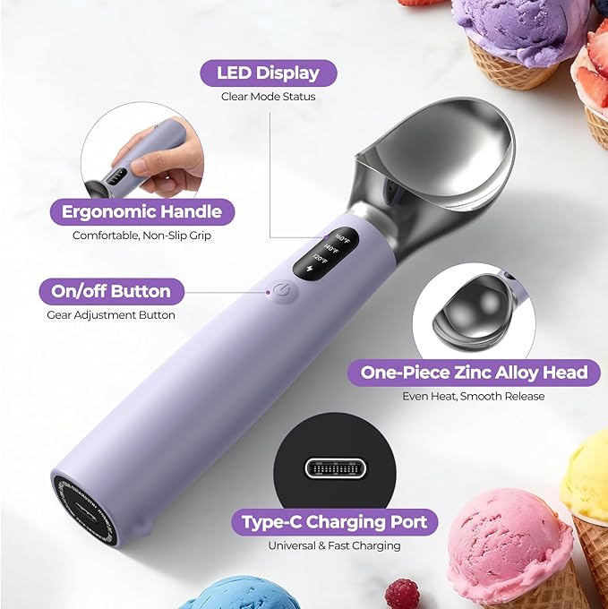 Heated Ice Cream Scoop Rechargeable, 3-Speed Electric Warming Ice Cream Scooper with LED Display, Heats to 160°F for Hard Ice Cream and More, Easy for Seniors & Kids, IP67 Waterproof, Easy to Clean