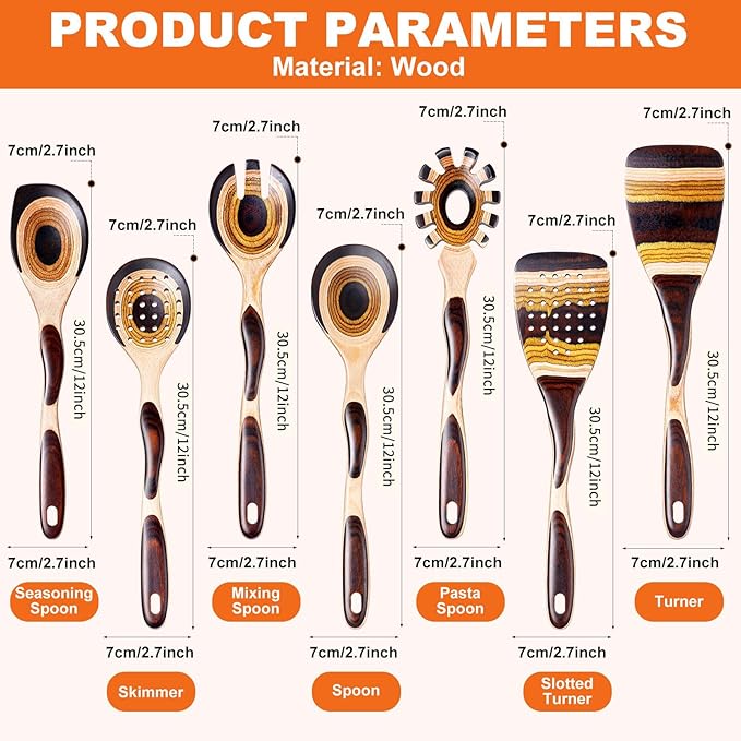 Kitchen 7Pcs Pakkawood Utensils Set, Wooden Cookware Sets | Wooden Spoons for Cooking, Easy to Clean, Eco-Friendly, Non-Stick, Non Toxic, Comfort Grip, Housewarming Kitchen Gifts