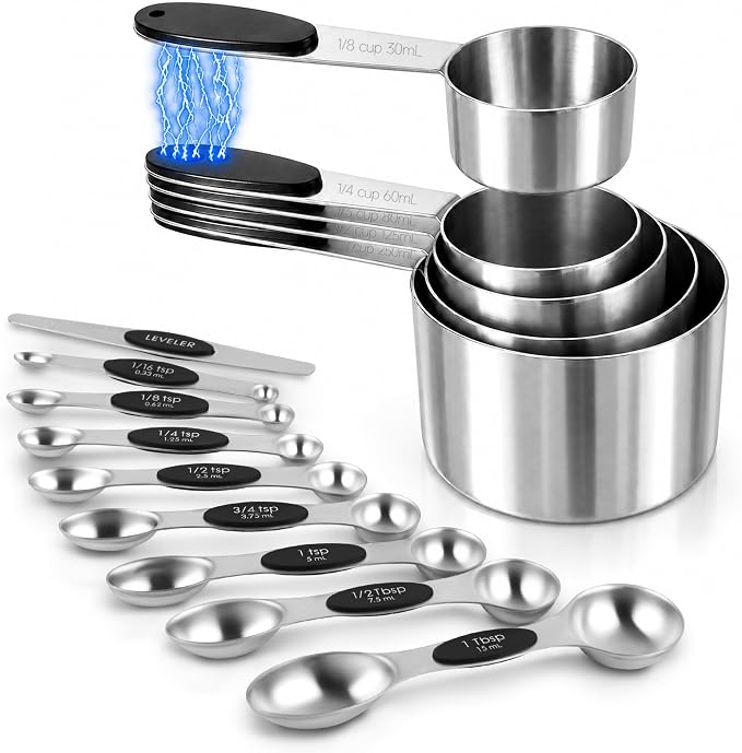 Magnetic Measuring Cups and Spoons Set, Stainless Steel, 14 Pcs | Food-grade 304 construction, strong N45 magnets, double-sided spoons, leveler included, for baking and cooking