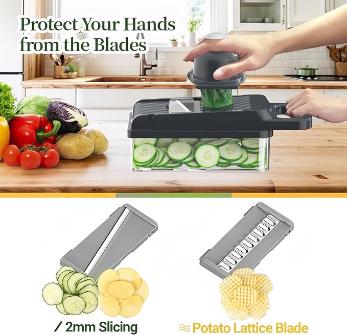 StoreHappily 12-in-1 Vegetable Chopper, 10 Blades Veggie Chopper with Container and Lid, Dicer, Slicer, Multifunctional Kitchen Gadgets, Vegetable Cutter with Handle, Onion Cutter(Grey)