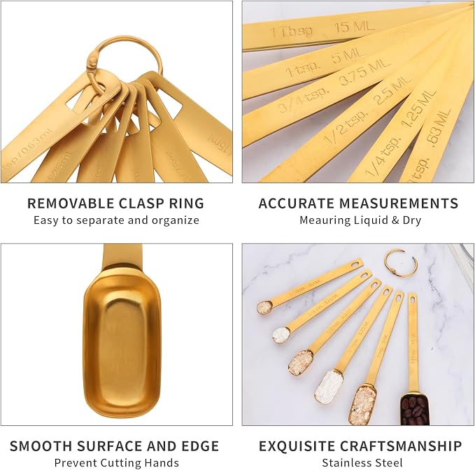 DOCBLACK 6PCS Measuring Spoons Set, Premium Heavy Duty Stainless Steel Metal Kitchen Measuring Tools Set, for Cooking Baking, for Dry or Liquid, Fits in Spice Jar - Rose Gold