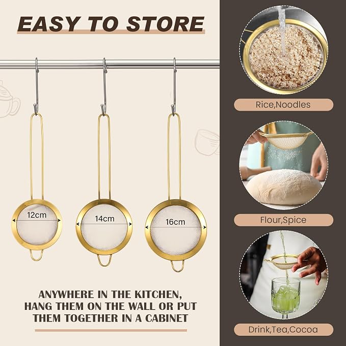 4 Pcs Gold Kitchen Accessories Includes Stainless Steel Colander and 3 Pcs Gold Fine Mesh Strainer Essential Kitchen Colander Strainers with Handles, Easy Clean and Dishwasher Safe (4.5 Qt)