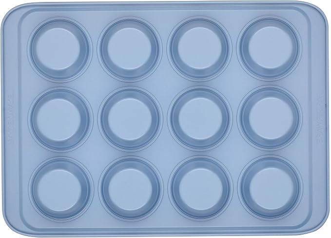 Farberware Easy Solutions Nonstick Bakeware Muffin/Cupcake Baking Pan, 12-cup with fill lines - Blue