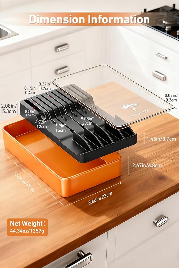 MAD SHARK 2-in-1 Detachable Knife Block & Silverware Organizer, Drawer Knife Holder for 10 Knives, BPA-Free, Blade-Safe Slots, Save Counter Space, Kitchen Drawer or Counter Storage, No Knives