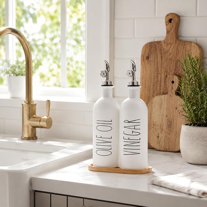 HOMCDALY 16oz Olive Oil Dispenser Bottles for Kitchen, White Oil and Vinegar Dispenser Set, Two Olive Oil Bottles with Bamboo Tray | Set of 2 (16oz-P-White)